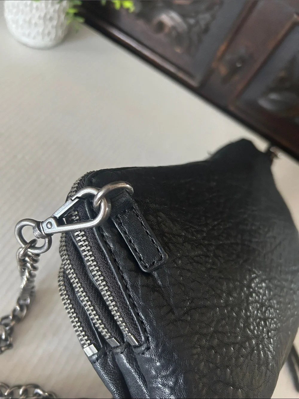 Treasure & Bond Black Leather triple -Zip Crossbody with Chain Tassel